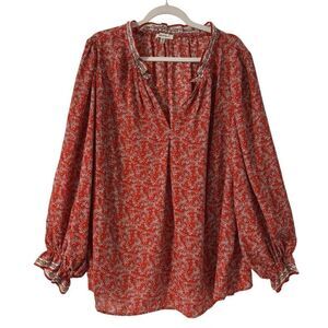 Max Studio 3X red print ruffle & gather detail V-neck blouse long sleeve bohemia